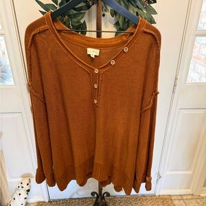 Wonderfly Boho Lagenlook Chestnut Brown Oversized Lightweight Henley Sweater XL